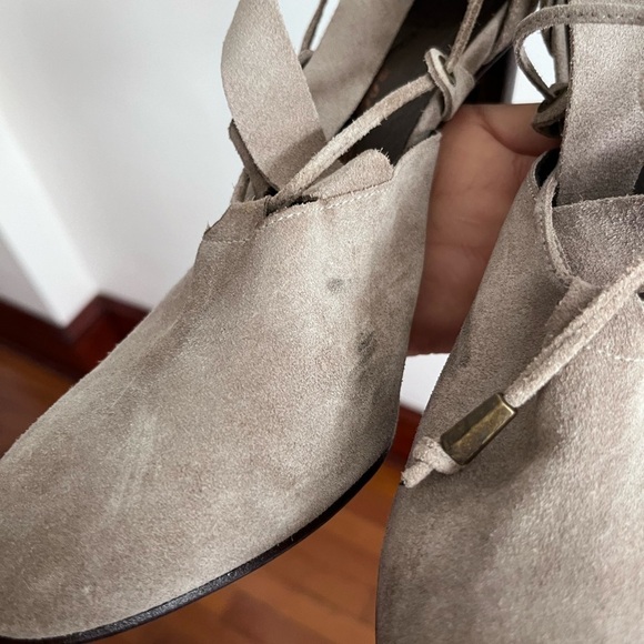 FREE PEOPLE SUEDE NOUVELLA WRAP HEELS IN Taupe - Picture 8 of 13